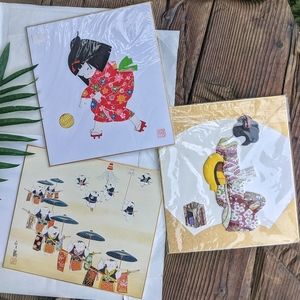 LOT of vintage Japanese artworks woodblock print, Oshie & textile art